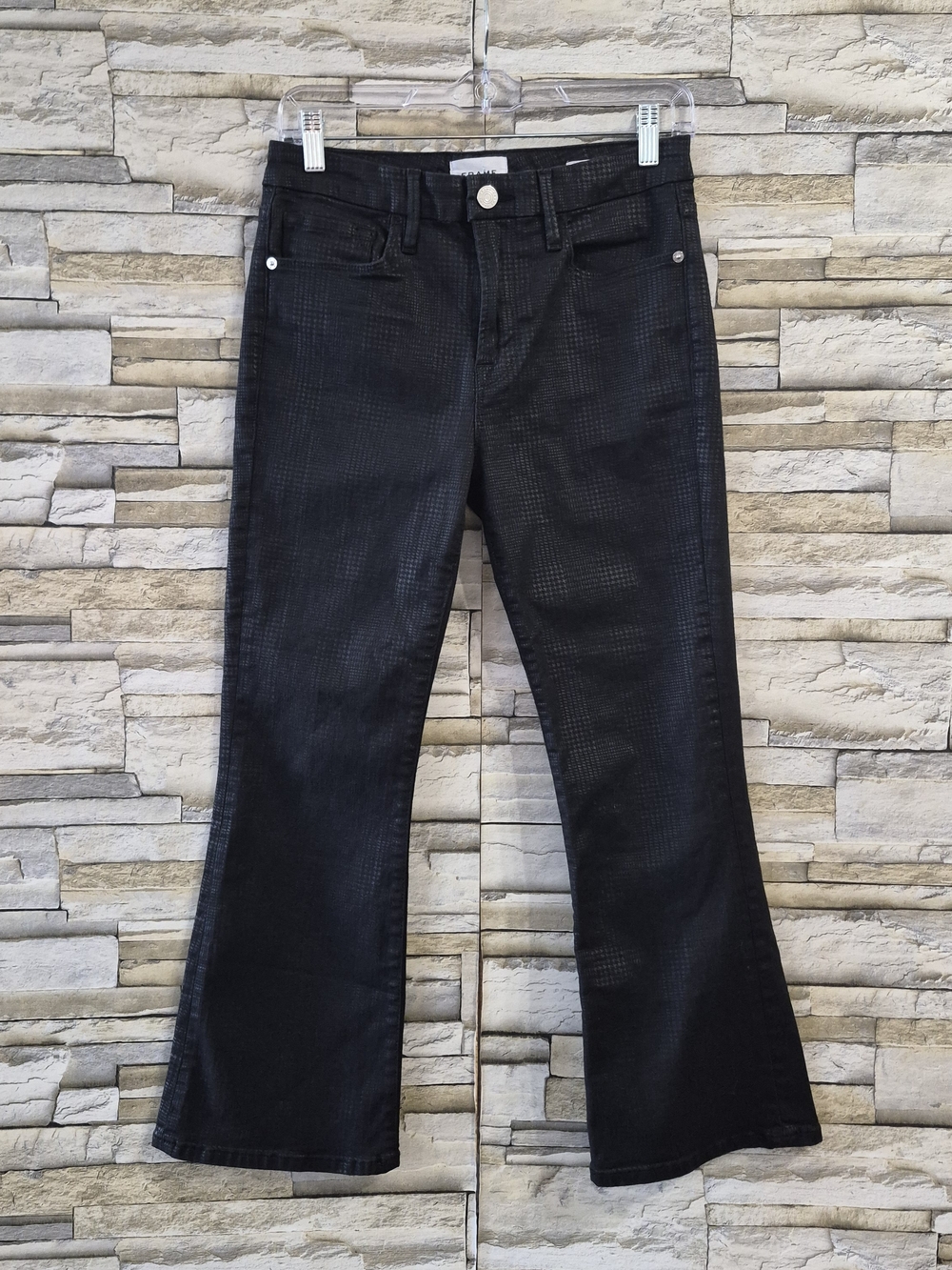 FRAME Le Crop Mini Boot Jeans Women's 28 Black Houndstooth Shine Denim Flare